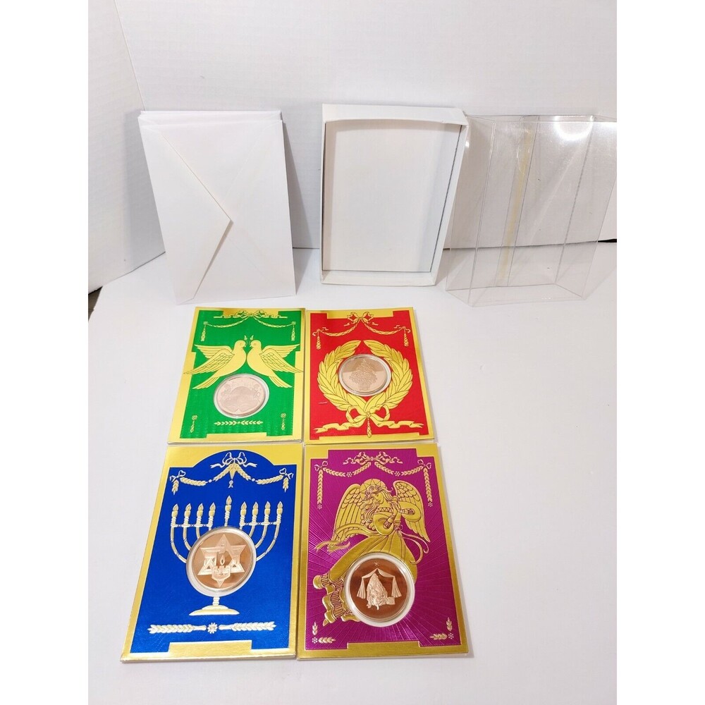 Franklin Mint Lit Of 4 Greeting Cards Bronze Medallions Nativity Tree
